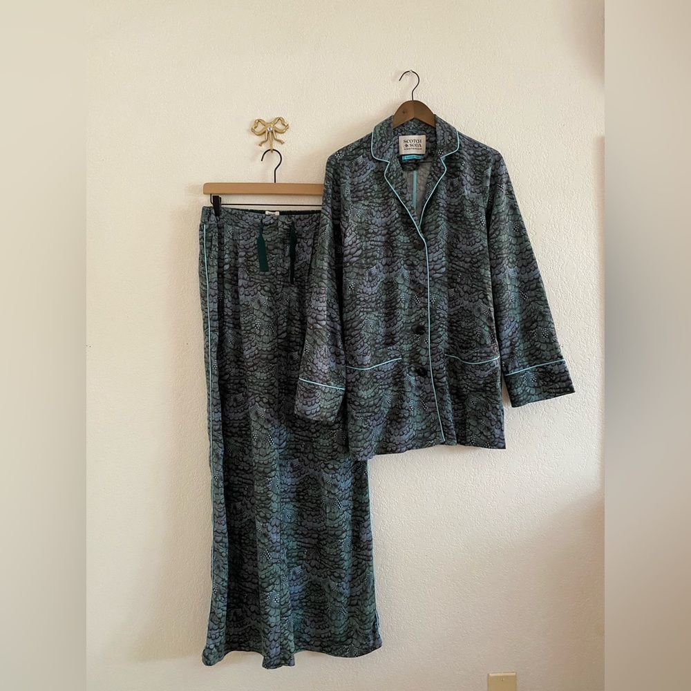 SCOTCH AND SODA Eleni Wide Leg Printed Green Pajama Set Pants Size M 32 Tencel